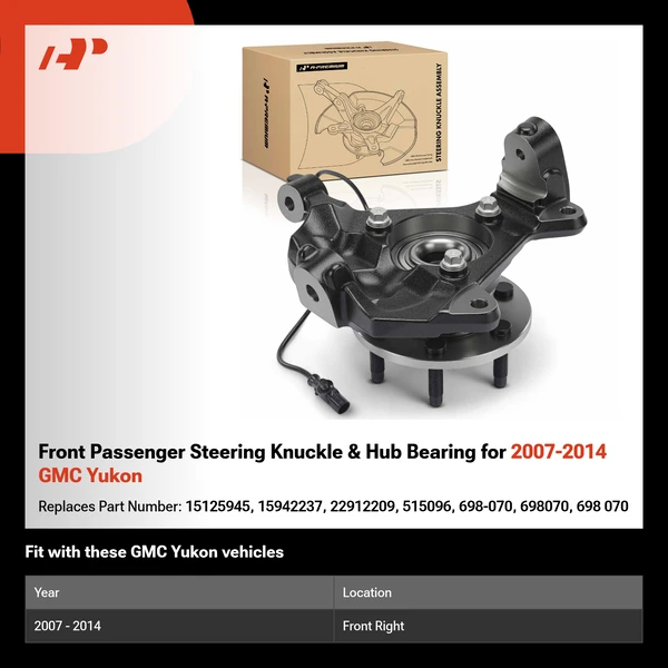Front Passenger Steering Knuckle & Hub Bearing for 2007-2014 GMC Yukon