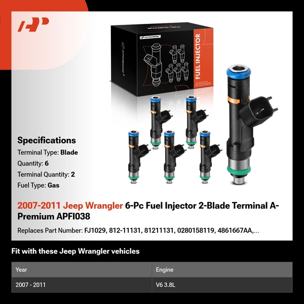 2007-2011 Jeep Wrangler 6-Pc Fuel Injector 2-Blade Terminal A-Premium APFI038