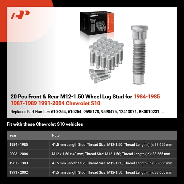 20 Pcs Front & Rear M12-1.50 Wheel Lug Stud for 1984-1985 1987-1989 1991-2004 Chevrolet S10