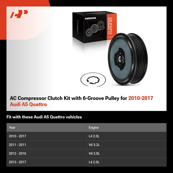 AC Compressor Clutch Kit with 6-Groove Pulley for 2010-2017 Audi A5 Quattro