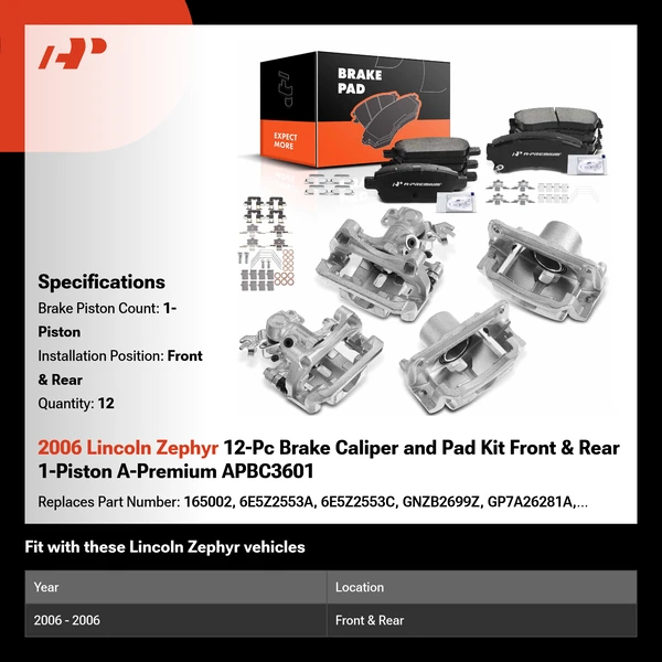 2006 Lincoln Zephyr 12-Pc Brake Caliper and Pad Kit Front & Rear 1-Piston A-Premium APBC3601