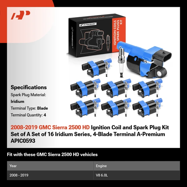 2008-2019 GMC Sierra 2500 HD Ignition Coil and Spark Plug Kit Set of A Set of 16 Iridium Series, 4-Blade Terminal A-Premium APIC0593