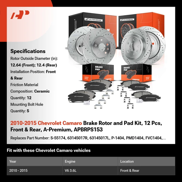 2010-2015 Chevrolet Camaro Brake Rotor and Pad Kit, 12 Pcs, Front & Rear, A-Premium, APBRPS153