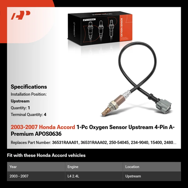 2003-2007 Honda Accord 1-Pc Oxygen Sensor Upstream 4-Pin A-Premium APOS0636