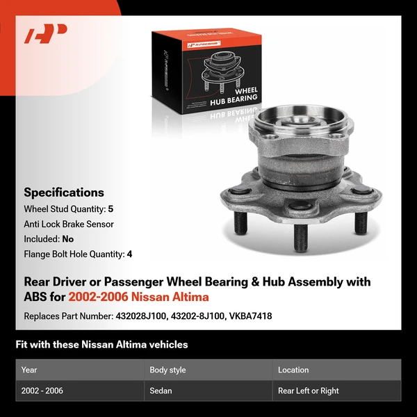 Rear Driver or Passenger Wheel Bearing & Hub Assembly with ABS for 2002-2006 Nissan Altima
