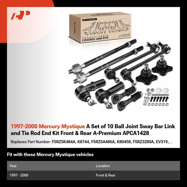 1997-2000 Mercury Mystique A Set of 10 Ball Joint Sway Bar Link and Tie Rod End Kit Front & Rear A-Premium APCA1428