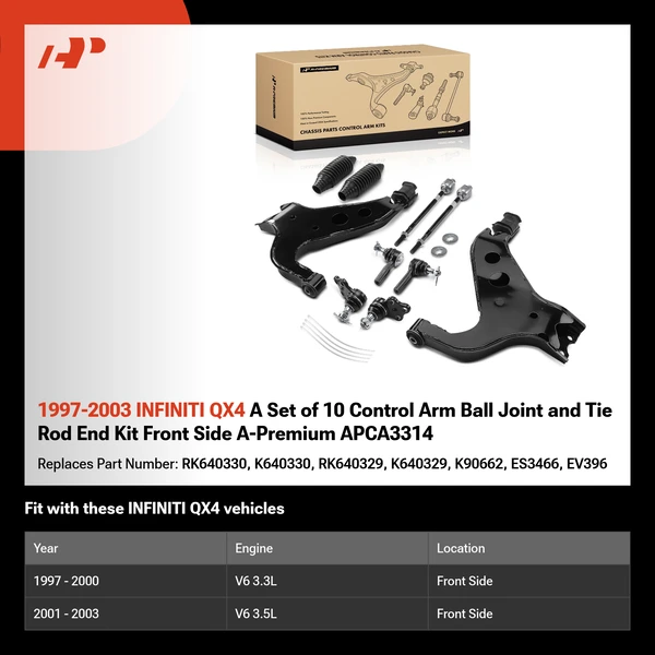 1997-2003 INFINITI QX4 A Set of 10 Control Arm Ball Joint and Tie Rod End Kit Front Side A-Premium APCA3314
