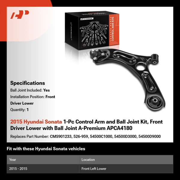 2015 Hyundai Sonata 1-Pc Control Arm and Ball Joint Kit, Front Driver Lower with Ball Joint A-Premium APCA4180
