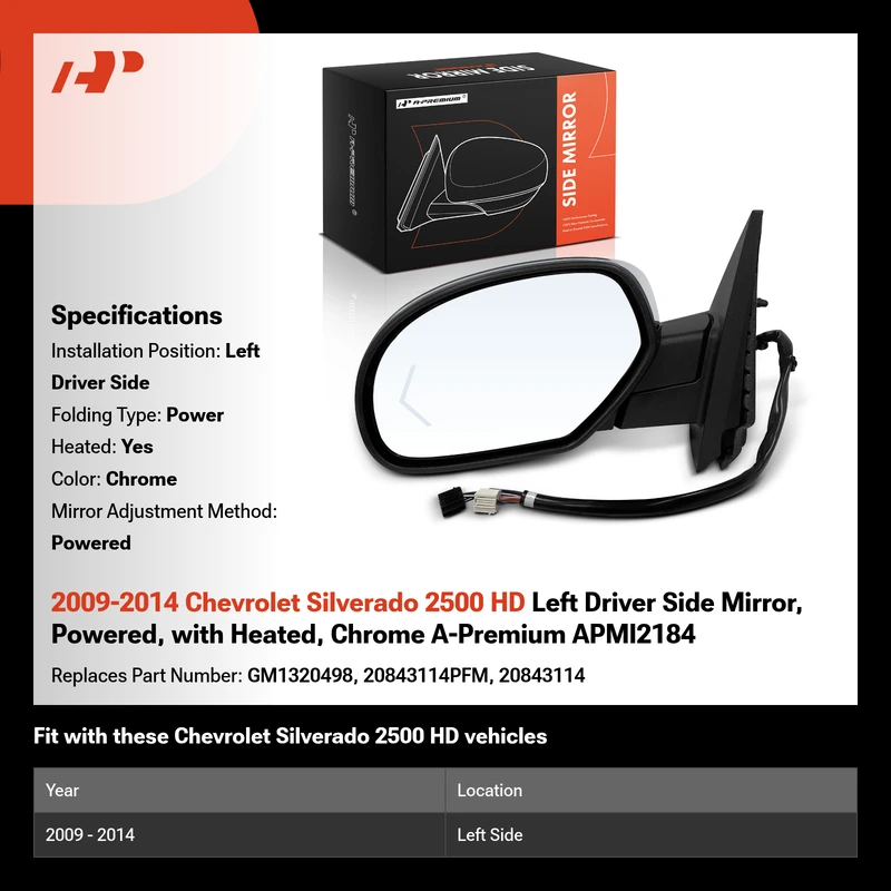 2009-2014 Chevrolet Silverado 2500 HD Left Driver Side Mirror, Powered, with Heated, Chrome A-Premium APMI2184