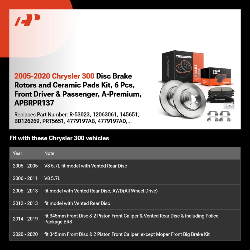 2005-2020 Chrysler 300 Disc Brake Rotors and Ceramic Pads Kit, 6 Pcs, Front Driver & Passenger, A-Premium, APBRPR137