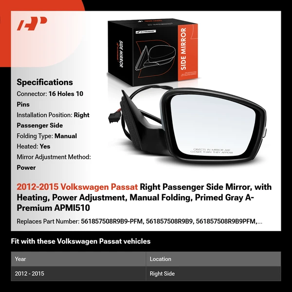 2012-2015 Volkswagen Passat Right Passenger Side Mirror, with Heating, Power Adjustment, Manual Folding, Primed Gray A-Premium APMI510