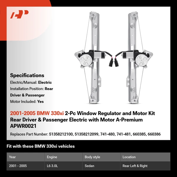2001-2005 BMW 330xi 2-Pc Window Regulator and Motor Kit Rear Driver & Passenger Electric with Motor A-Premium APWR0021