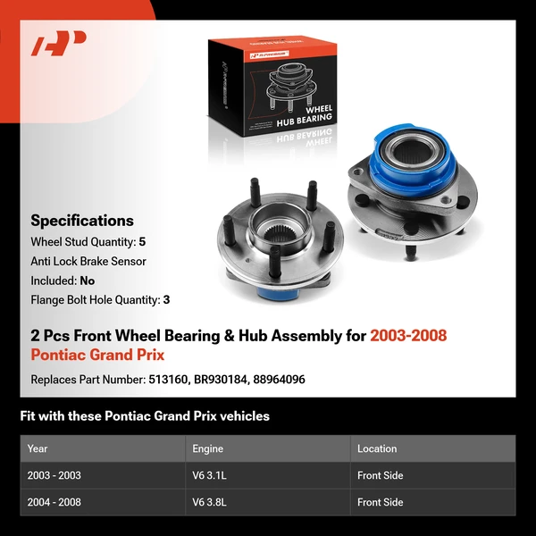 2 Pcs Front Wheel Bearing & Hub Assembly for 2003-2008 Pontiac Grand Prix