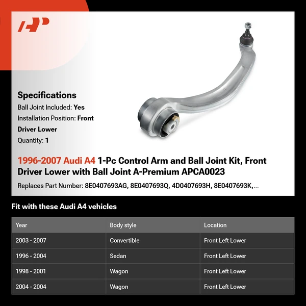 1996-2007 Audi A4 1-Pc Control Arm and Ball Joint Kit, Front Driver Lower with Ball Joint A-Premium APCA0023