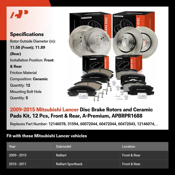2009-2015 Mitsubishi Lancer Disc Brake Rotors and Ceramic Pads Kit, 12 Pcs, Front & Rear, A-Premium, APBRPR1688
