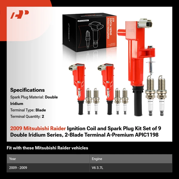 2009 Mitsubishi Raider Ignition Coil and Spark Plug Kit Set of 9 Double Iridium Series, 2-Blade Terminal A-Premium APIC1198