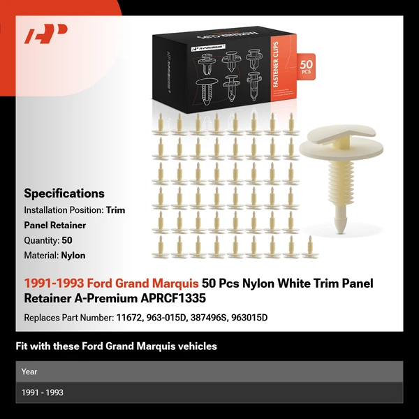 1991-1993 Ford Grand Marquis 50 Pcs Nylon White Trim Panel Retainer A-Premium APRCF1335