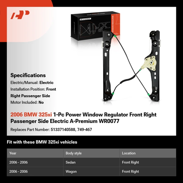2006 BMW 325xi 1-Pc Power Window Regulator Front Right Passenger Side Electric A-Premium WR0077