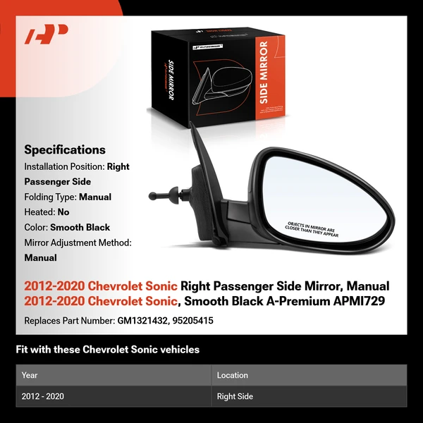 2012-2020 Chevrolet Sonic Right Passenger Side Mirror, Manual 2012-2020 Chevrolet Sonic, Smooth Black A-Premium APMI729