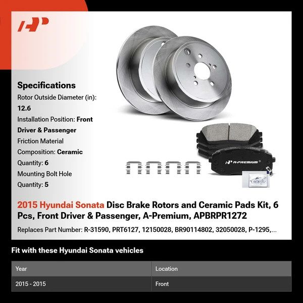 2015 Hyundai Sonata Disc Brake Rotors and Ceramic Pads Kit, 6 Pcs, Front Driver & Passenger, A-Premium, APBRPR1272
