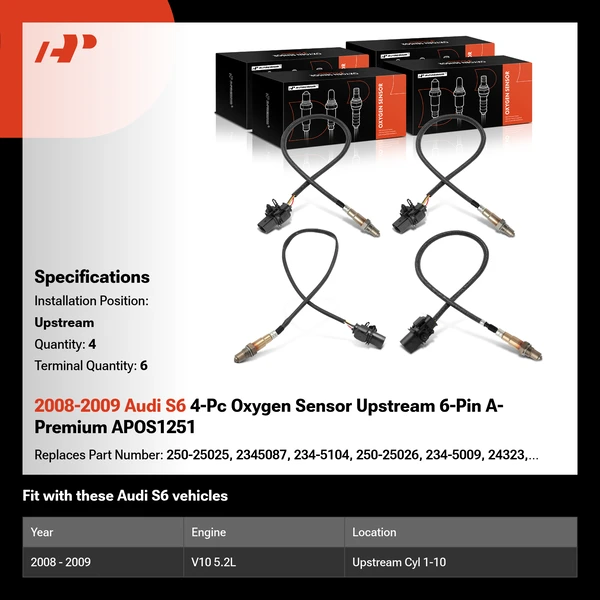 2008-2009 Audi S6 4-Pc Oxygen Sensor Upstream 6-Pin A-Premium APOS1251