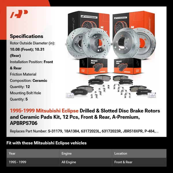 1995-1999 Mitsubishi Eclipse Drilled & Slotted Disc Brake Rotors and Ceramic Pads Kit, 12 Pcs, Front & Rear, A-Premium, APBRPS706