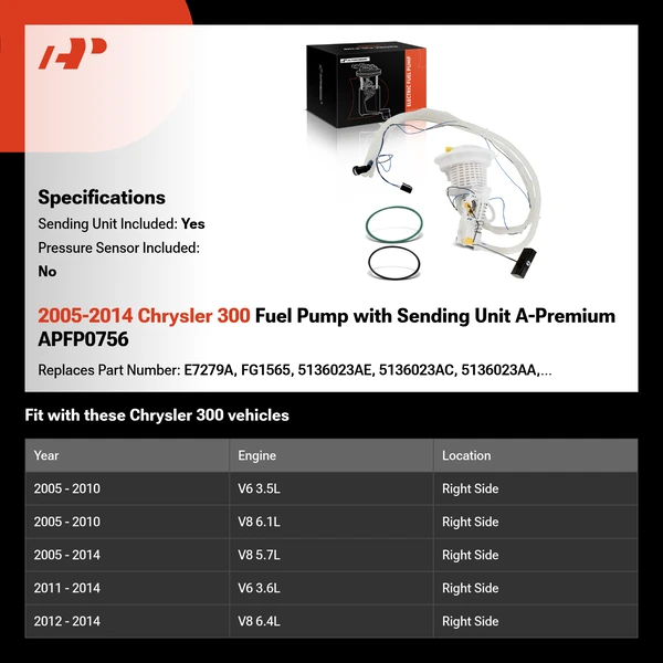 2005-2014 Chrysler 300 Fuel Pump with Sending Unit A-Premium APFP0756