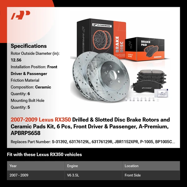 2007-2009 Lexus RX350 Drilled & Slotted Disc Brake Rotors and Ceramic Pads Kit, 6 Pcs, Front Driver & Passenger, A-Premium, APBRPS658