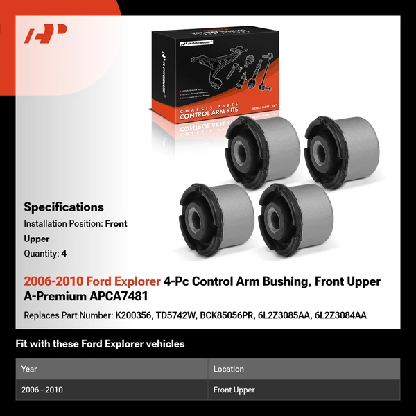 2006-2010 Ford Explorer 4-Pc Control Arm Bushing, Front Upper A-Premium APCA7481