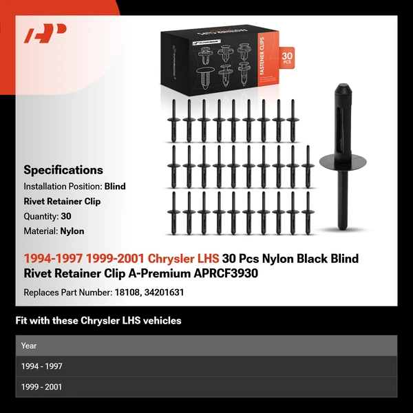 1994-1997 1999-2001 Chrysler LHS 30 Pcs Nylon Black Blind Rivet Retainer Clip A-Premium APRCF3930