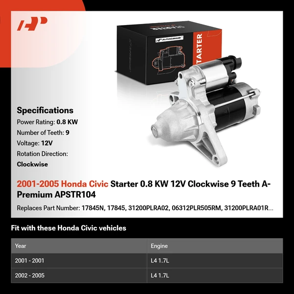 2001-2005 Honda Civic Starter 0.8 KW 12V Clockwise 9 Teeth A-Premium APSTR104
