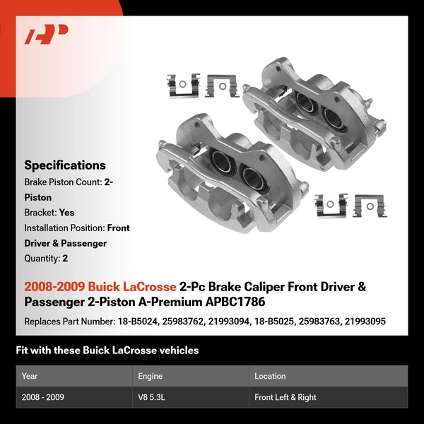 2008-2009 Buick LaCrosse 2-Pc Brake Caliper Front Driver & Passenger 2-Piston A-Premium APBC1786