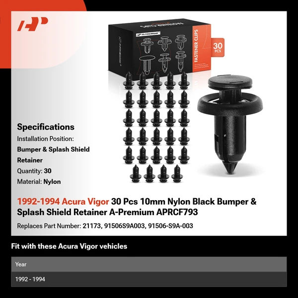1992-1994 Acura Vigor 30 Pcs 10mm Nylon Black Bumper & Splash Shield Retainer A-Premium APRCF793