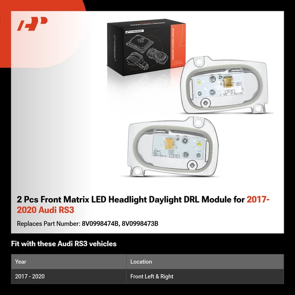 2 Pcs Front Matrix LED Headlight Daylight DRL Module for 2017-2020 Audi RS3