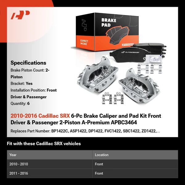 2010-2016 Cadillac SRX 6-Pc Brake Caliper and Pad Kit Front Driver & Passenger 2-Piston A-Premium APBC3464