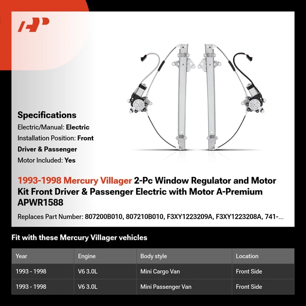 1993-1998 Mercury Villager 2-Pc Window Regulator and Motor Kit Front Driver & Passenger Electric with Motor A-Premium APWR1588