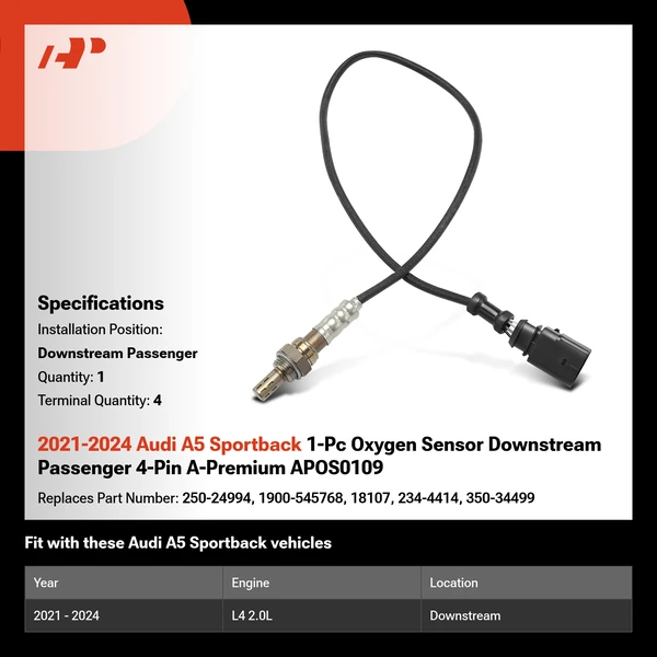 2021-2024 Audi A5 Sportback 1-Pc Oxygen Sensor Downstream Passenger 4-Pin A-Premium APOS0109