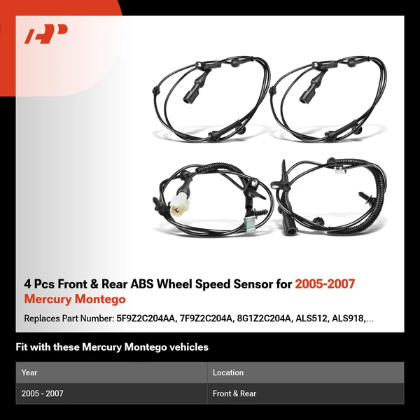 4 Pcs Front & Rear ABS Wheel Speed Sensor for 2005-2007 Mercury Montego