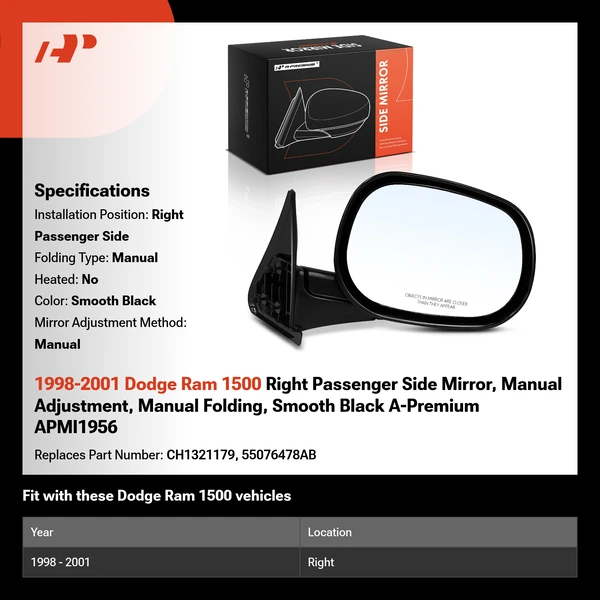 1998-2001 Dodge Ram 1500 Right Passenger Side Mirror, Manual Adjustment, Manual Folding, Smooth Black A-Premium APMI1956