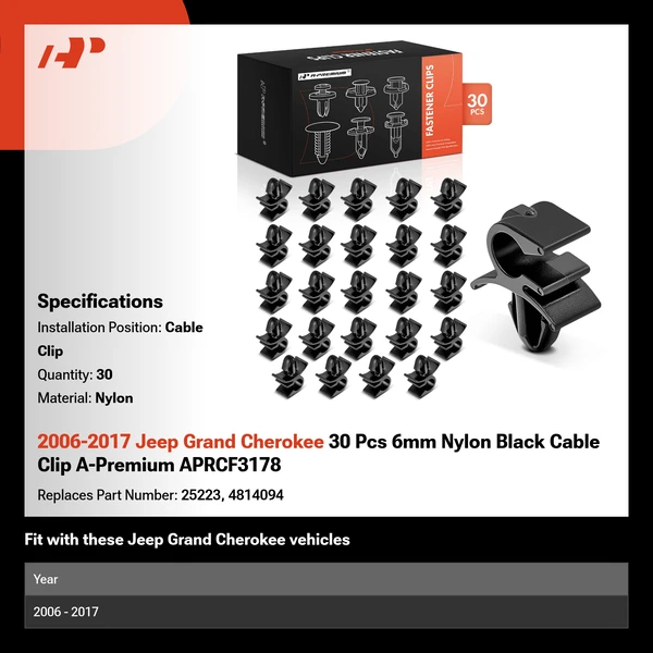 2006-2017 Jeep Grand Cherokee 30 Pcs 6mm Nylon Black Cable Clip A-Premium APRCF3178