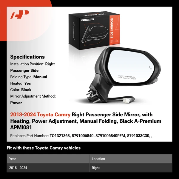 2018-2024 Toyota Camry Right Passenger Side Mirror, with Heating, Power Adjustment, Manual Folding, Black A-Premium APMI081