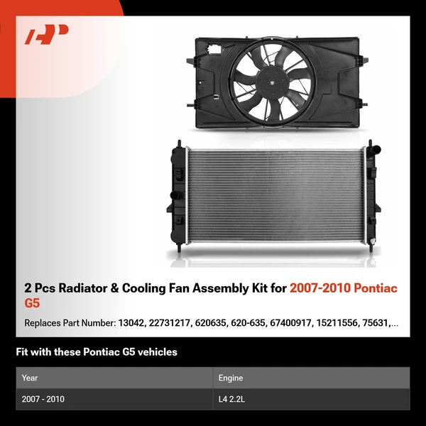 2 Pcs Radiator & Cooling Fan Assembly Kit for 2007-2010 Pontiac G5