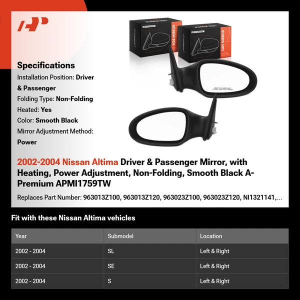 2002-2004 Nissan Altima Driver & Passenger Mirror, with Heating, Power Adjustment, Non-Folding, Smooth Black A-Premium APMI1759TW