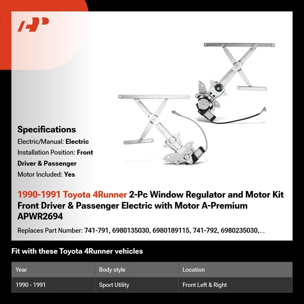 1990-1991 Toyota 4Runner 2-Pc Window Regulator and Motor Kit Front Driver & Passenger Electric with Motor A-Premium APWR2694