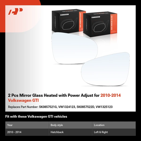 2 Pcs Mirror Glass Heated with Power Adjust for 2010-2014 Volkswagen GTI