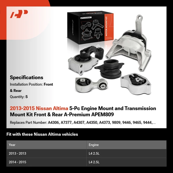2013-2015 Nissan Altima 5-Pc Engine Mount and Transmission Mount Kit Front & Rear A-Premium APEM809
