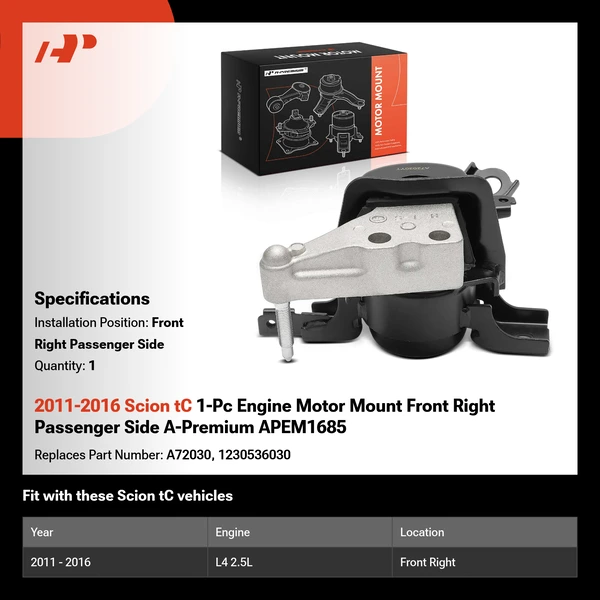 2011-2016 Scion tC 1-Pc Engine Motor Mount Front Right Passenger Side A-Premium APEM1685