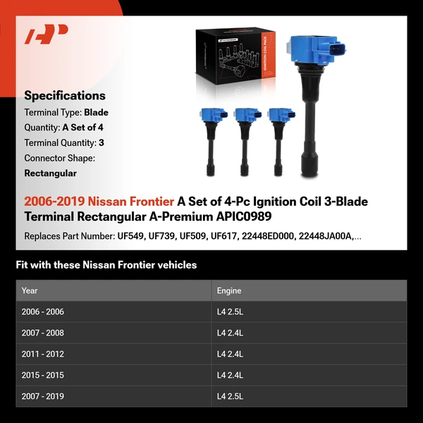 2006-2019 Nissan Frontier A Set of 4-Pc Ignition Coil 3-Blade Terminal Rectangular A-Premium APIC0989