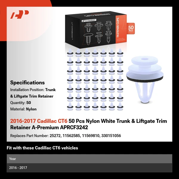 2016-2017 Cadillac CT6 50 Pcs Nylon White Trunk & Liftgate Trim Retainer A-Premium APRCF3242