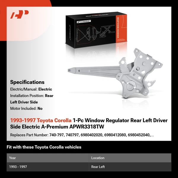 1993-1997 Toyota Corolla 1-Pc Window Regulator Rear Left Driver Side Electric A-Premium APWR3318TW